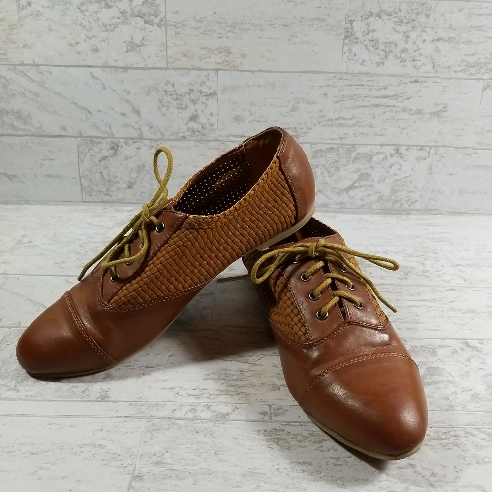 Ecote Tan Leather Weaved Oxford Flats Sz 8